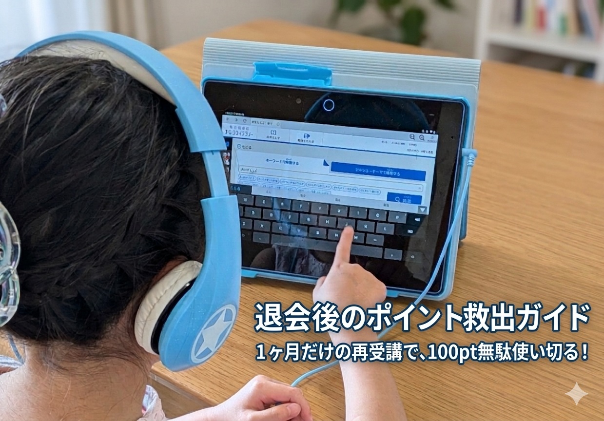 チャレンジタッチを操作する子供と努力賞ポイント救出ガイドの文字
